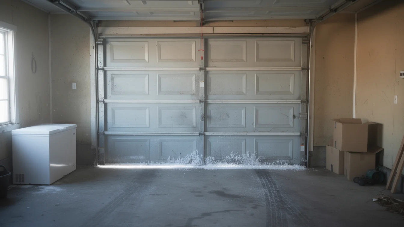The closed garage door has snow piled against the bottom panel.