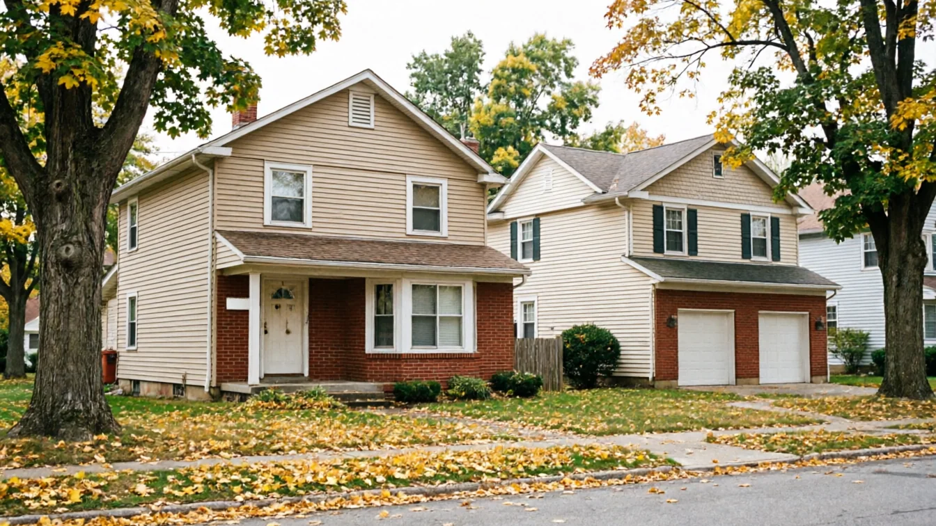 Two houses with tan siding and brick accents stand among trees with yellow leaves.