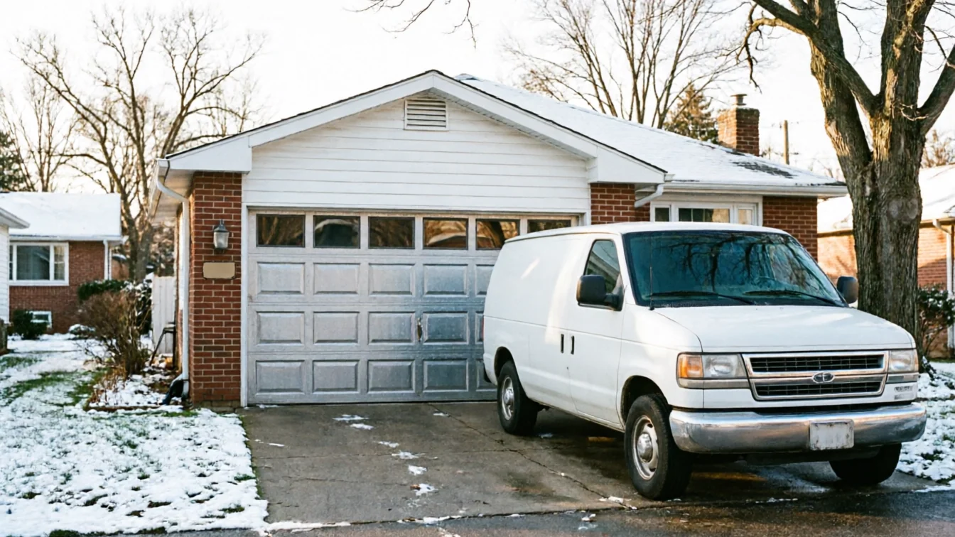 A white service van is parked in a driveway in front of a garage door.