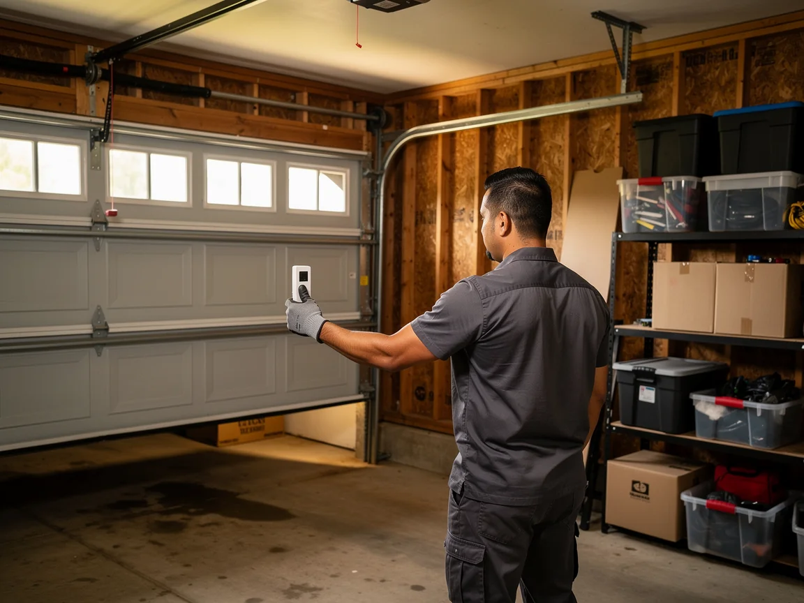 A technician holds a remote, facing a partially open garage door.