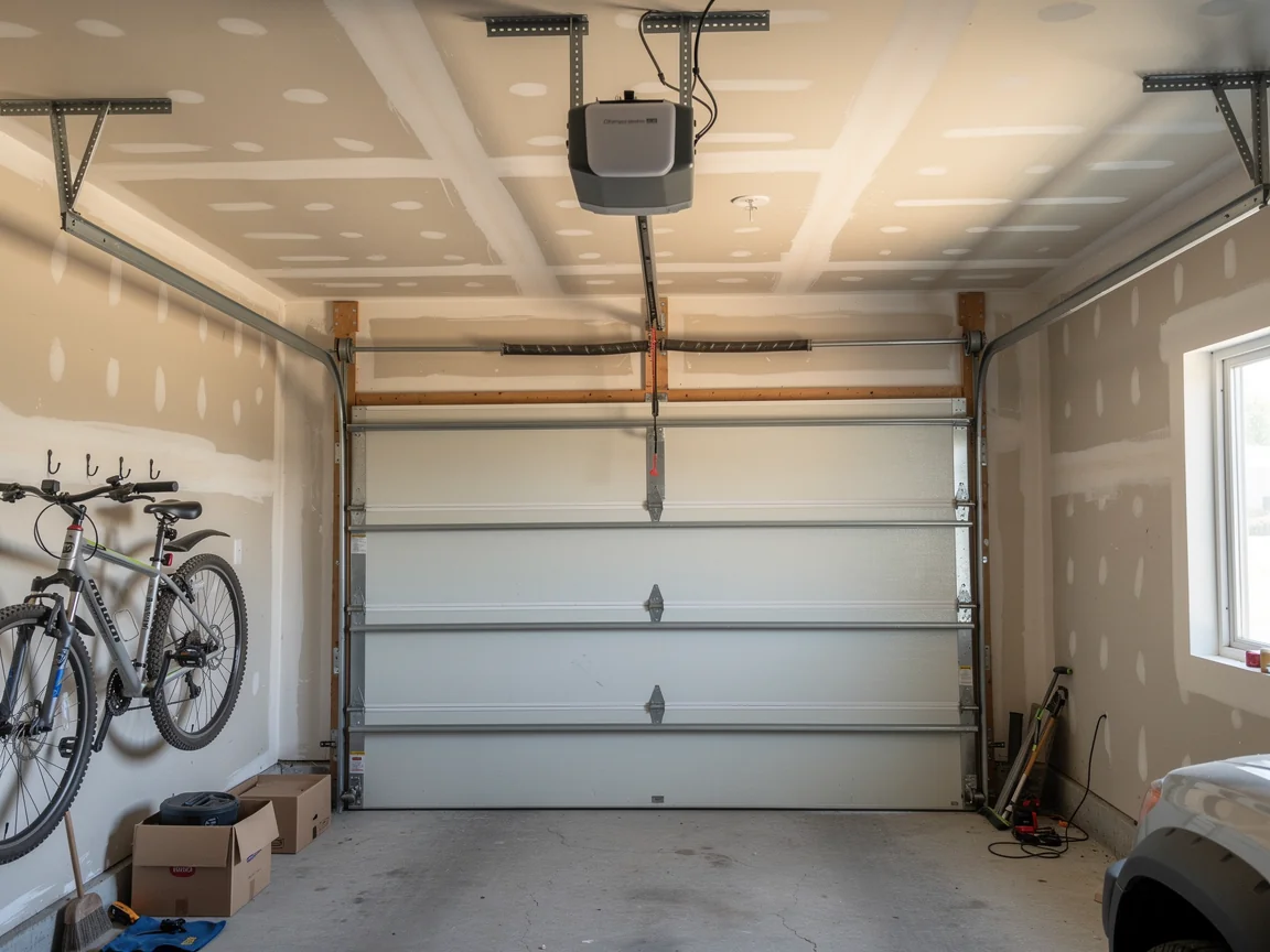 A white garage door is closed inside a garage with a bicycle hanging on the wall.