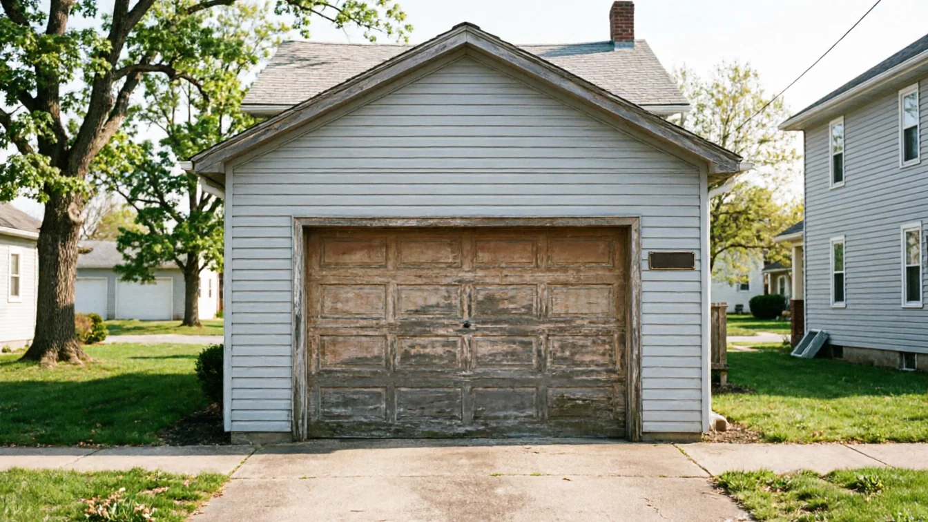 A detached garage with light blue siding and a weathered wooden garage door.