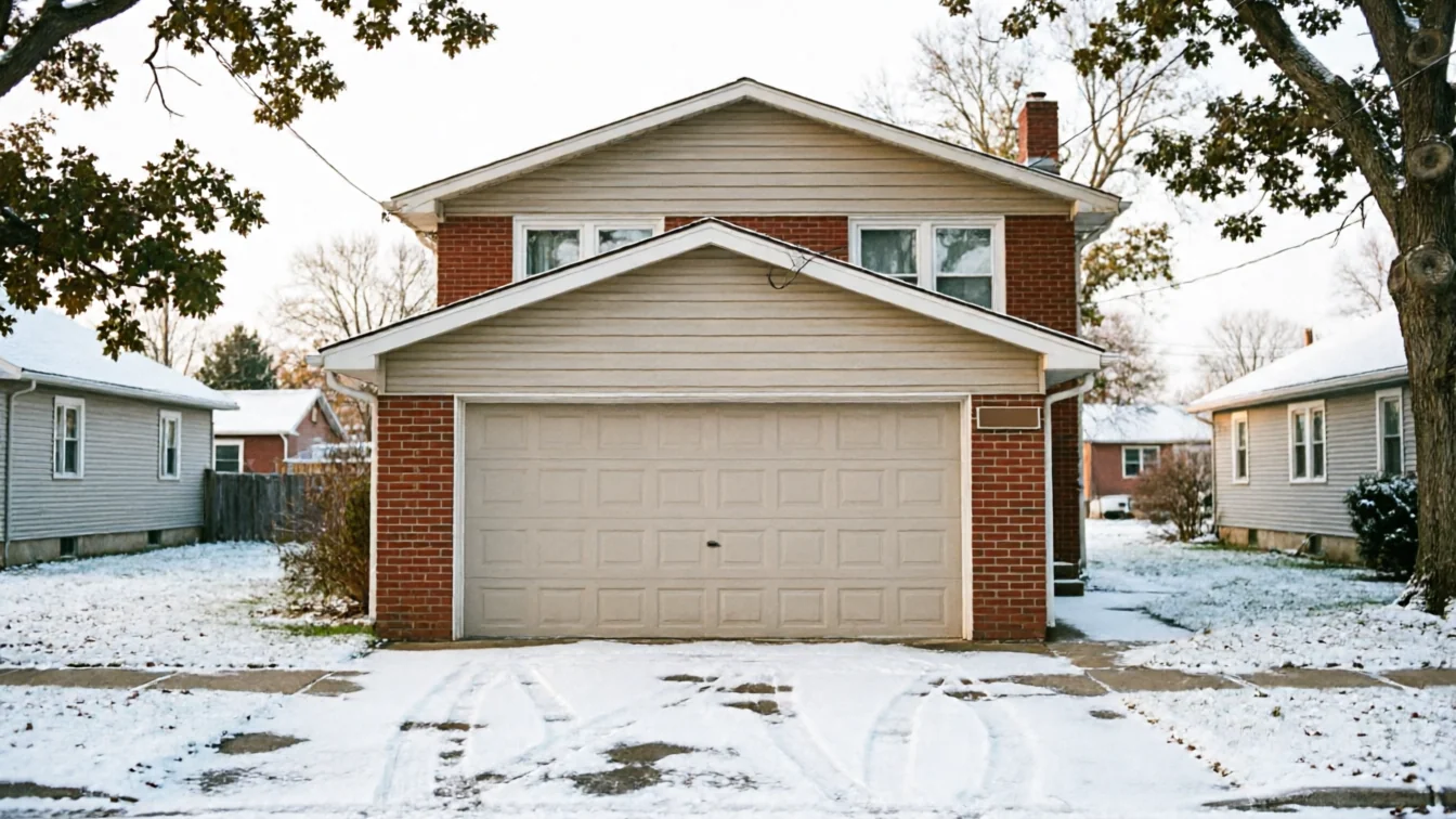 A beige garage door on a brick house with snow on the ground.